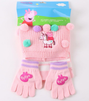 CHILDREN'S HAT WITH POM POMS, SCARF AND GLOVES PEPPA PIG Cerda