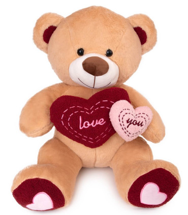 PLUSH BEAR WITH TWO HEARTS 60 CM BEIGE/BROWN Amek toys