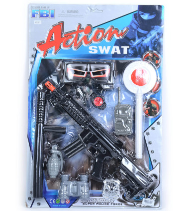 POLICE KIT WITH AUTOMATIC MACHINE AND PISTON ON CARDBOARD - KITS AND AMMUNITION