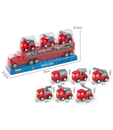 CHILDREN'S CAR CARRIER WITH 3 FIRE TRUCKS IN BLISTER 31 CM Armtoys