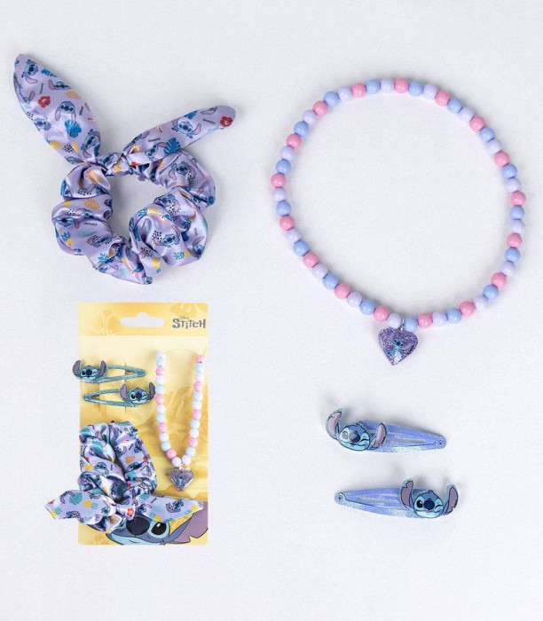 SCRUNCHIE ELASTICS WITH 2 HAIR CLIPS AND STITCH NECKLACE