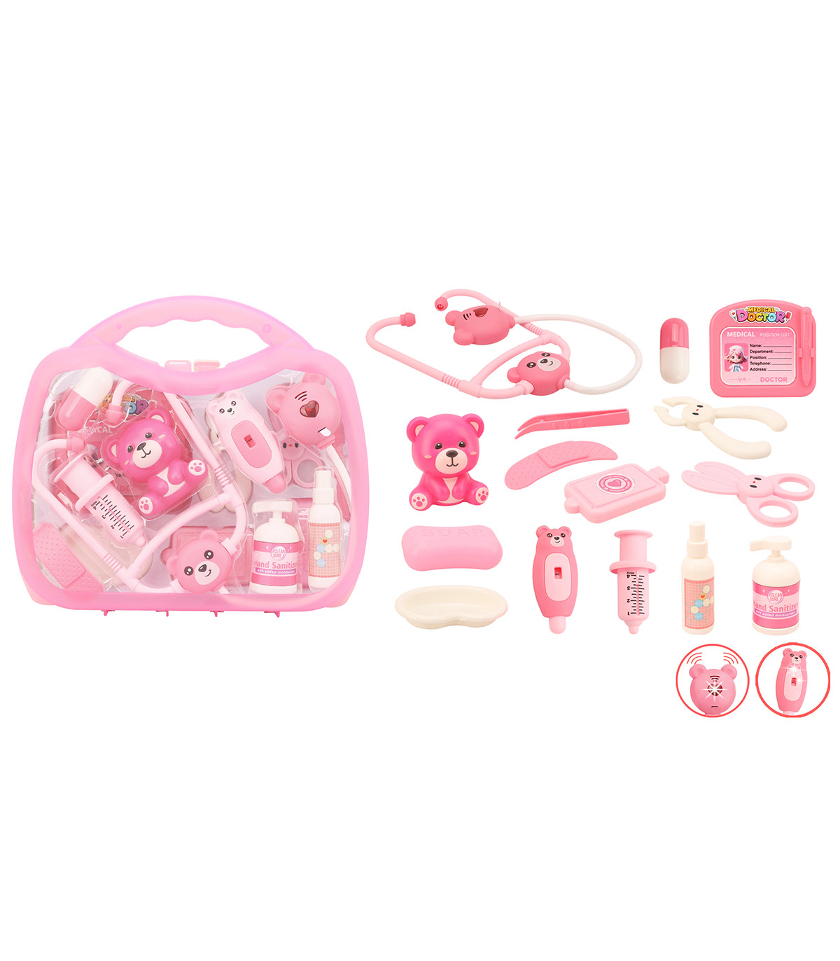 DOCTOR KIT IN A PINK SUITCASE WITH A TEDDY BEAR