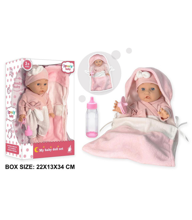 BABY WITH CLOTHES IN A SACK AND A BOTTLE IN A BOX, 34 CM
