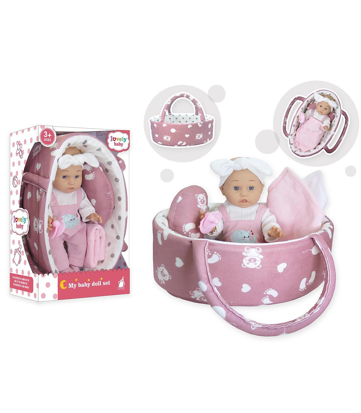 BABY WITH BASKET AND PILLOW IN A 34 CM BOX