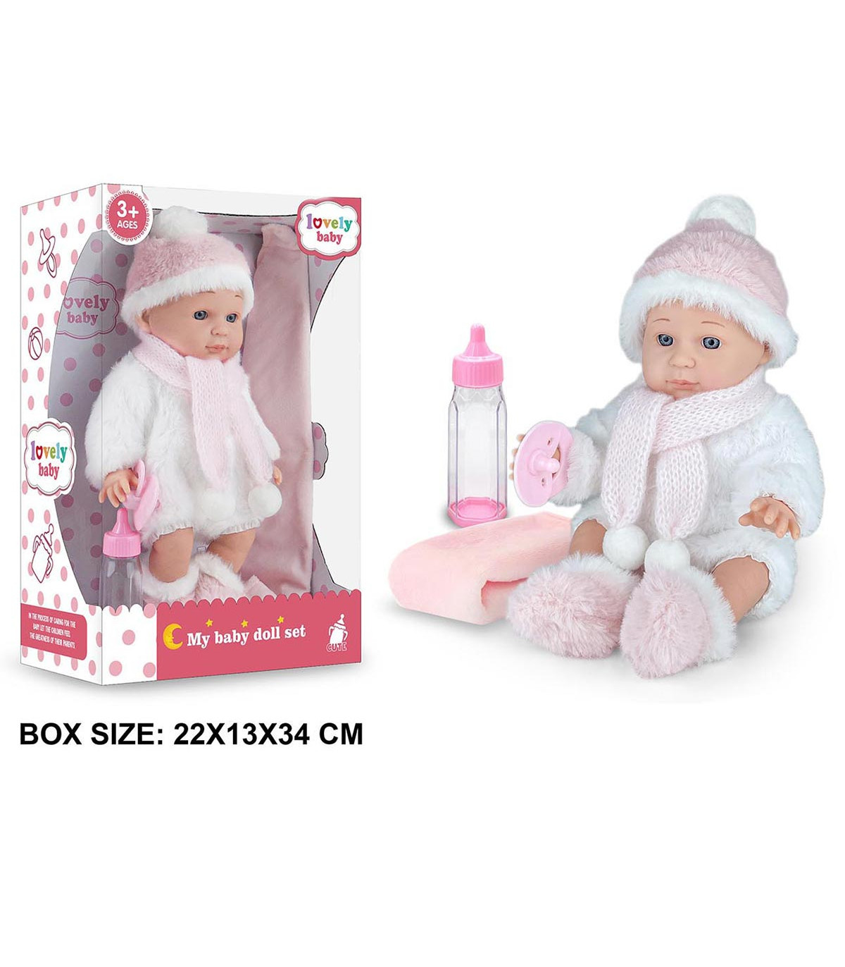 BABY WITH PLUSH CLOTHES AND BLANKET IN A 34 CM BOX