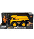 DUMP TRUCK WITH CONSTRUCTION WORKER AND SIGNS IN AN OPEN BOX