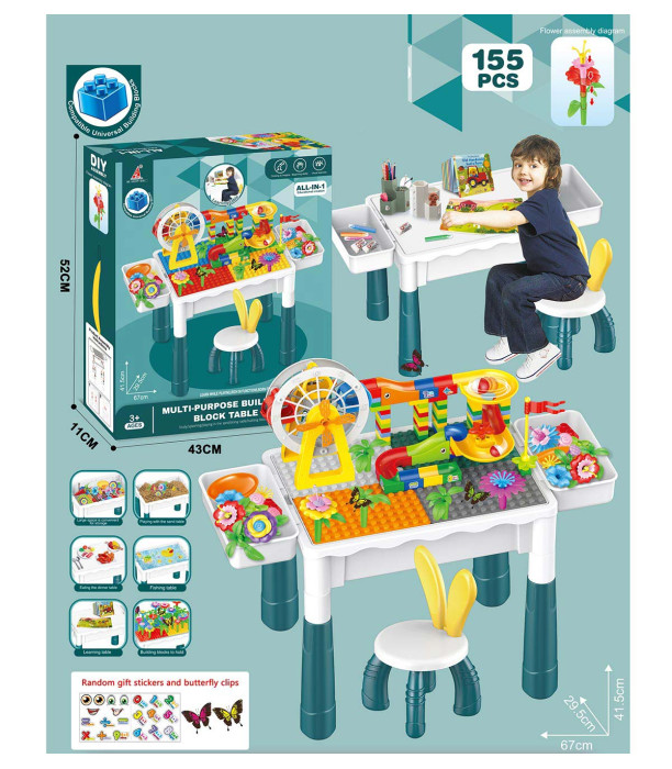 LARGE CONSTRUCTION SET WITH TABLE AND CHAIR, 155 PIECES