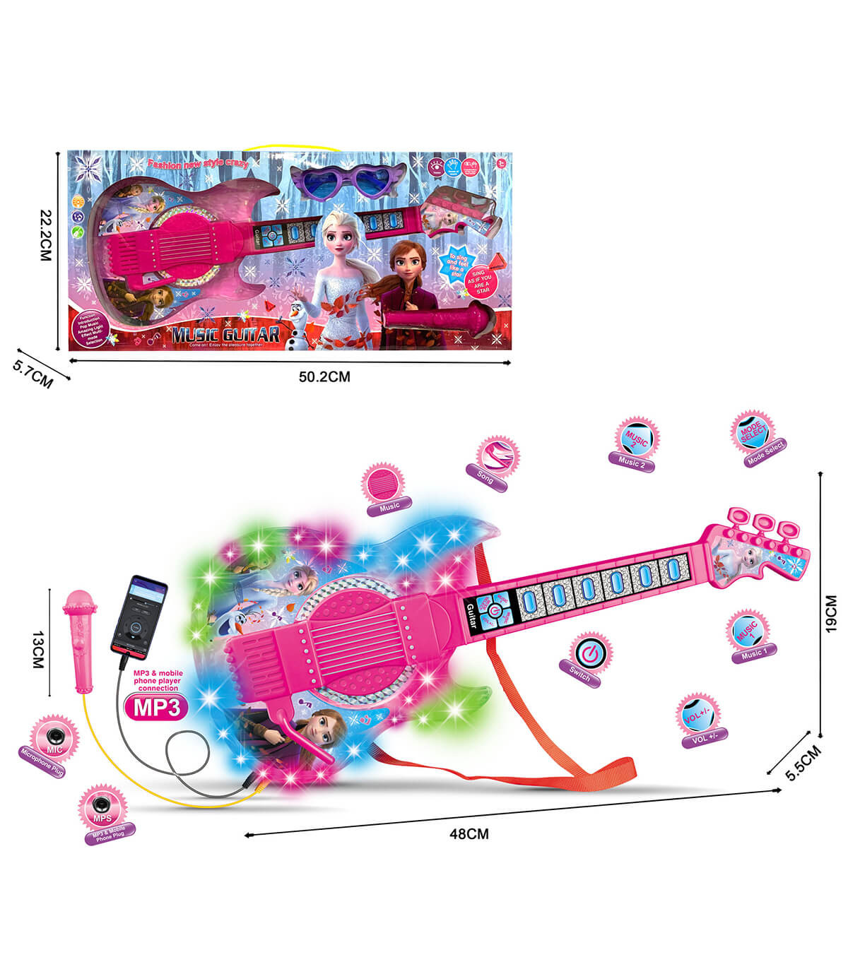 LIGHT-UP ELECTRIC GUITAR WITH MICROPHONE, MP3, FROZEN KINGDOM