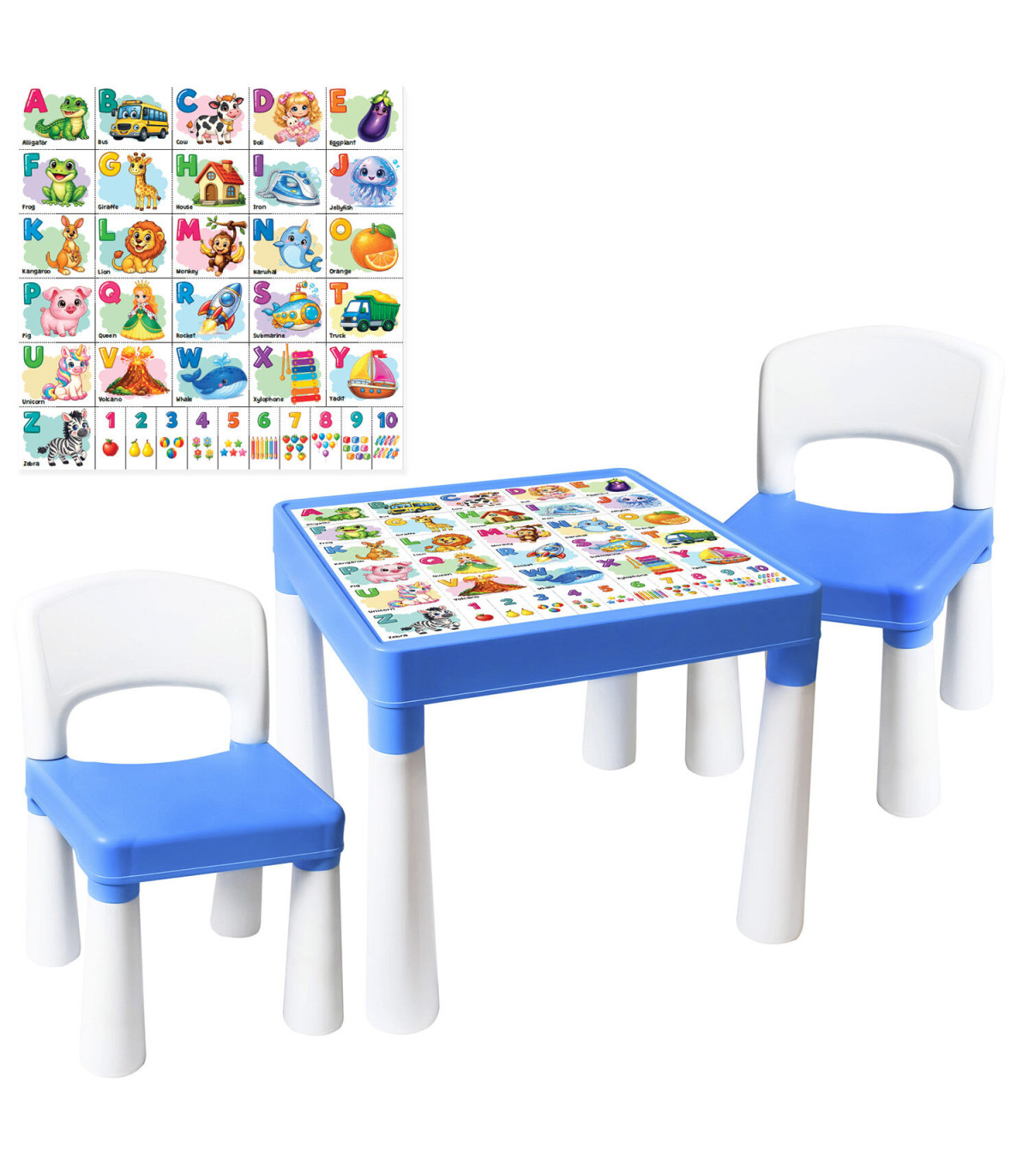 CHILDREN'S TABLE WITH 2 CHAIRS, ENGLISH ALPHABET, BLUE/WHITE