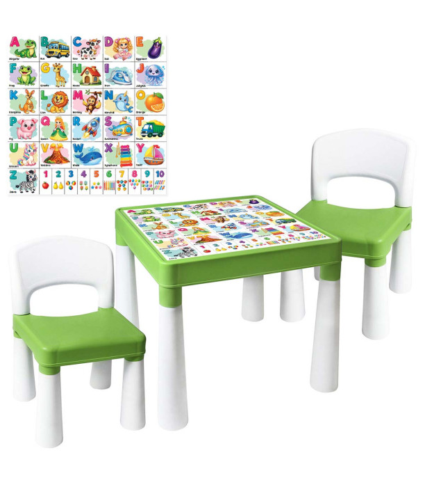 CHILDREN'S TABLE WITH 2 CHAIRS, ENGLISH ALPHABET, GREEN/WHITE