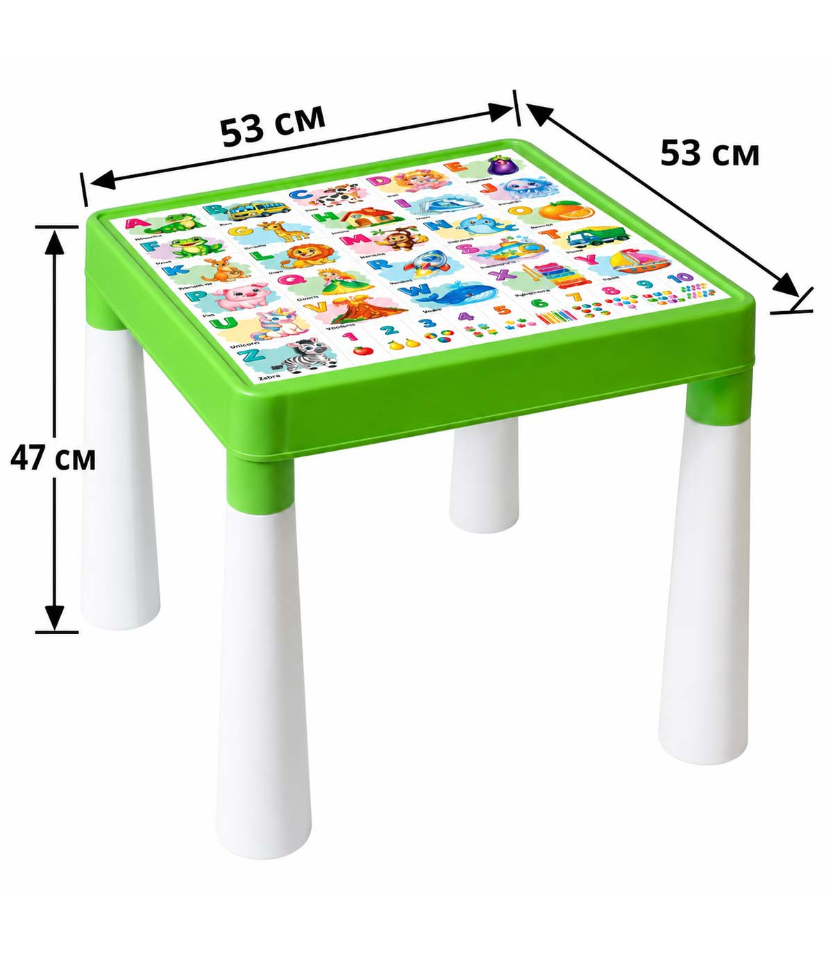 CHILDREN'S TABLE WITH 2 CHAIRS, ENGLISH ALPHABET, GREEN/WHITE