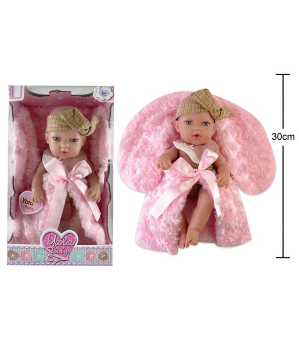 Rubber baby doll with a pink fleece blanket, 30 cm