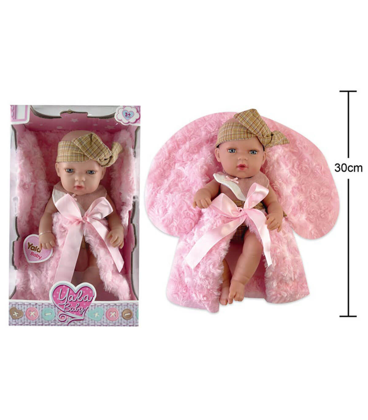 Rubber baby doll with a pink fleece blanket, 30 cm