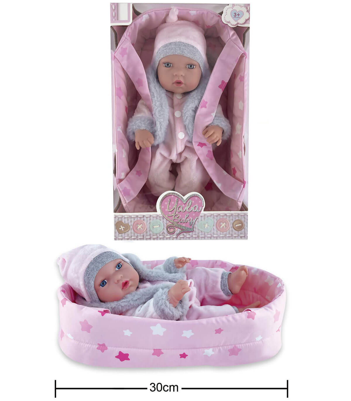 Rubber baby with a cloth basket in a 30 cm box