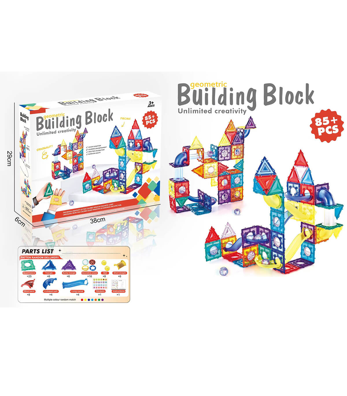 CONSTRUCTION SET WITH TRANSPARENT ELEMENTS, 85 PIECES