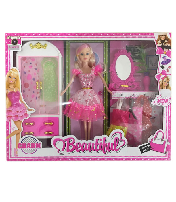 DOLL WITH WARDROBE, MIRROR AND DRESSES - DOLLS AND MERMAIDS