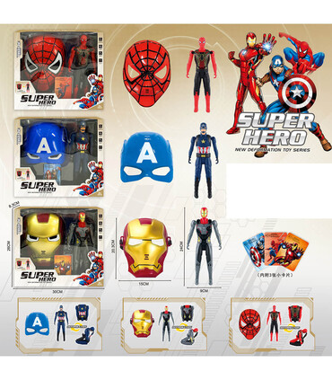 SUPERHERO FIGURE WITH MASK AND CARDS IN BOX 3 TYPES - Heroes