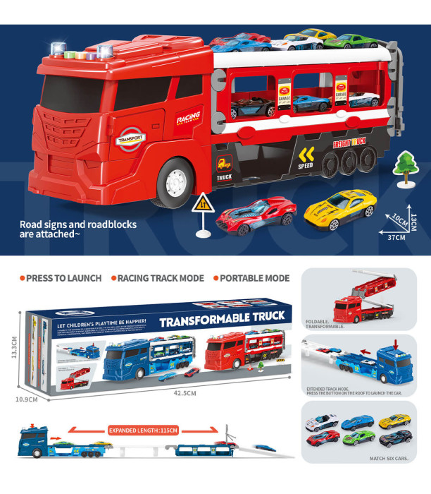 CHILDREN'S TRUCK CARRIER WITH FOLDABLE RAMP AND 6 METAL CARS - Trucks and cargo