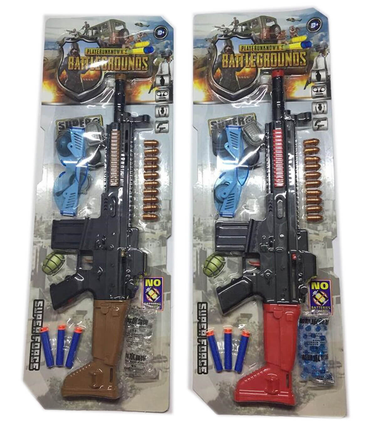 AUTOMOBILE WITH WATER BOMBS AND GLASSES ON CARDBOARD - MACHINES AND RIFLES