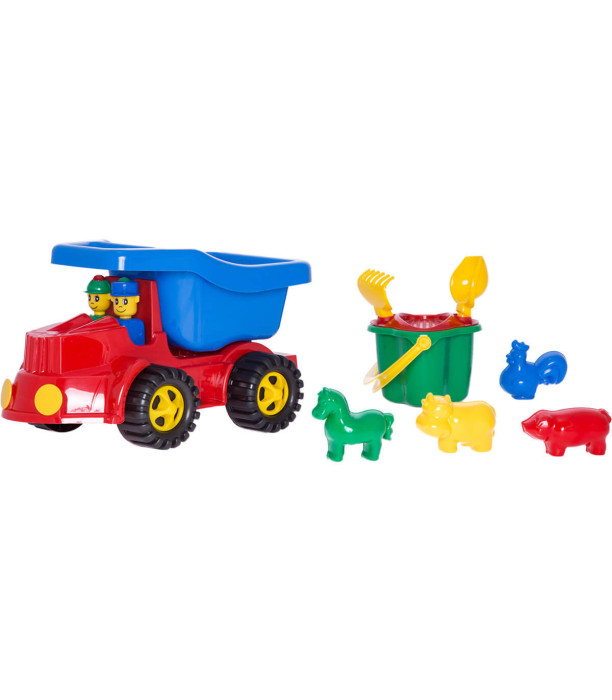 DUMP TRUCK WITH PASSENGERS AND BEACH SET 8 PIECES 36 CM 2 COLORS - Agricultural, construction machinery and military equipments