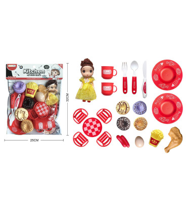 FAST FOOD SERVING KIT WITH DOLL 21 PIECES - KITCHENS, SERVICES AND FOOD