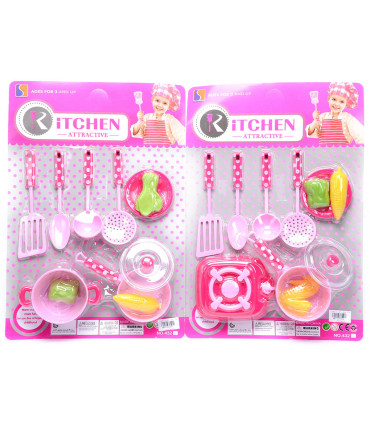 KIDS PINK DOTTED KITCHEN SET WITH 4 UTENSILS ON CARDBOARD - KITCHENS, SERVICES AND FOOD