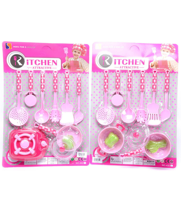 KIDS PINK KITCHEN SET WITH 6 APPLIANCES ON CARDBOARD - KITCHENS, SERVICES AND FOOD