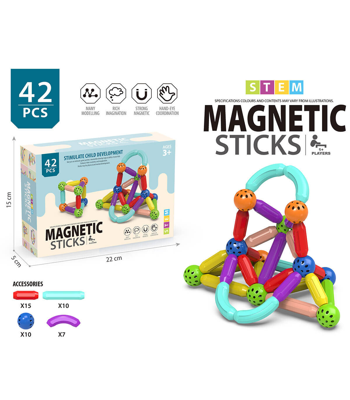 CHILDREN'S CONSTRUCTOR WITH MAGNETIC STICKS 42 PARTS - BUILDING BLOCKS, SORTERS AND RINGS