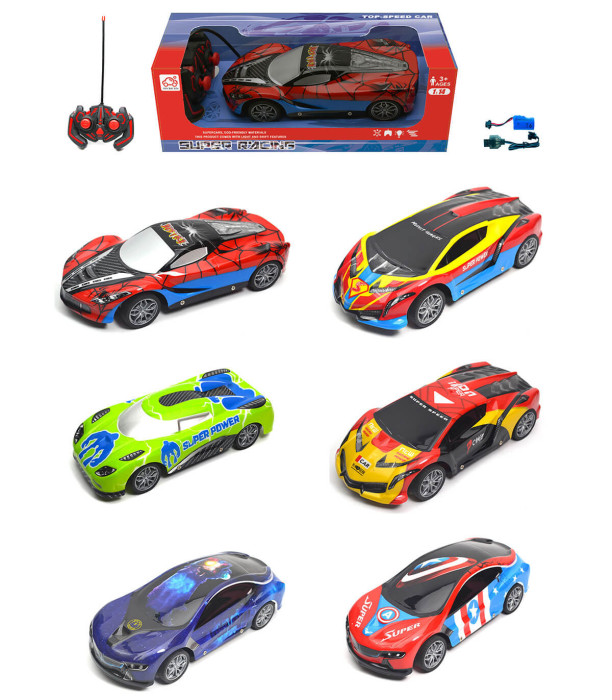 CHILDREN'S CAR WITH REMOTE CONTROL AND RECHARGEABLE BATTERY, 4 DIRECTIONS, 6 TYPES OF HEROES, 1:14 - Radio control with battery