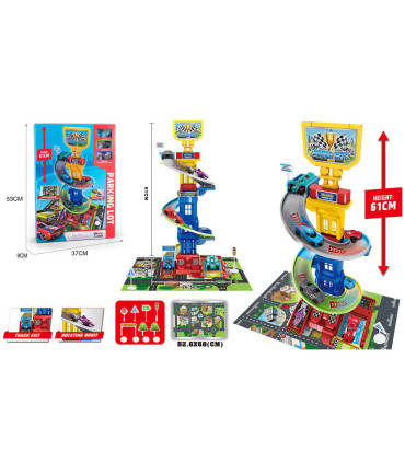 CHILDREN'S PARKING TOWER ON 3 LEVELS WITH A LARGE SLIDE AND 3 METAL CARS - PARKINGS, GARAGES, TRACKS AND AIRPORTS