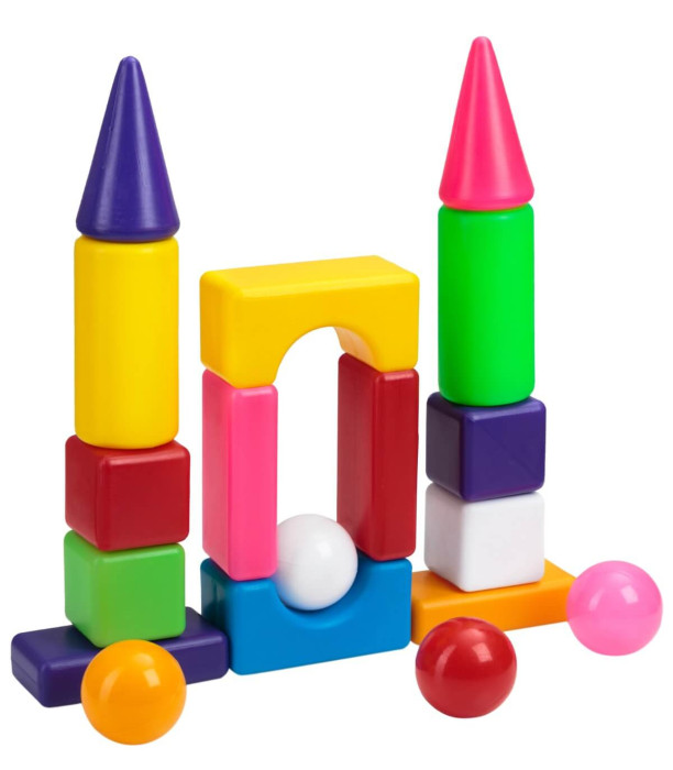 CHILDREN'S SMALL CONSTRUCTOR WITH BALLS IN A NETWORK - BUILDING BLOCKS, SORTERS AND RINGS