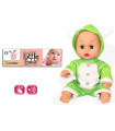 DOLL BABY WITH 4 SOUNDS AND GREEN OVERALL 27 CM IN BAG