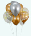 BALLOONS 15 PCS. 12" - 30 CM CHROME GOLD/SILVER/DOTS + RIBBON 15 M