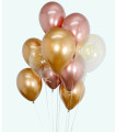 BALLOONS 15 PCS. 12" - 30 CM CHROME GOLD/PINK GOLD/DOTS + RIBBON 15 M