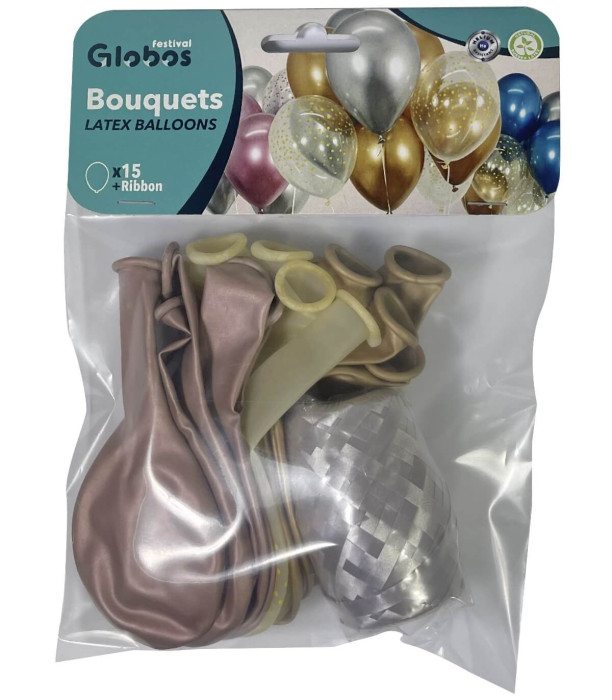 BALLOONS 15 PCS. 12\\" - 30 CM CHROME GOLD/PINK GOLD/DOTS + RIBBON 15 M - Chromium