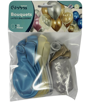 BALLOONS 15 PCS. 12\\" - 30 CM CHROME GOLD/SILVER/BLUE/DOTS + RIBBON 15 M - Chromium