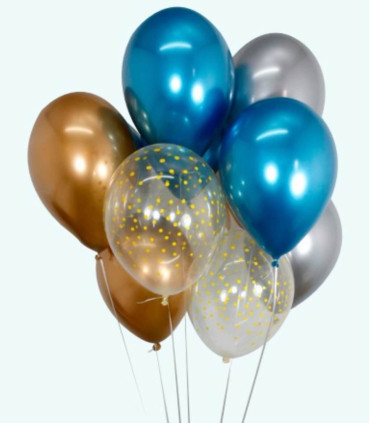 BALLOONS 15 PCS. 12\\" - 30 CM CHROME GOLD/SILVER/BLUE/DOTS + RIBBON 15 M - Chromium