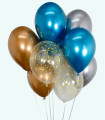 BALLOONS 15 PCS. 12" - 30 CM CHROME GOLD/SILVER/BLUE/DOTS + RIBBON 15 M