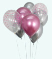 BALLOONS 15 PCS. 12" - 30 CM CHROME PINK/SILVER/DOTS + RIBBON 15 M