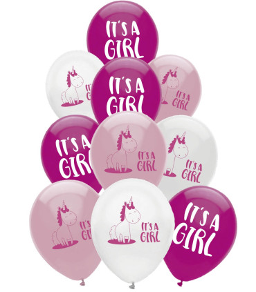 BALLOONS 10 PCS. 12\\" - 30 CM PRINT IT'S A GIRL UNICORN - BALLOONS WITH PRINT