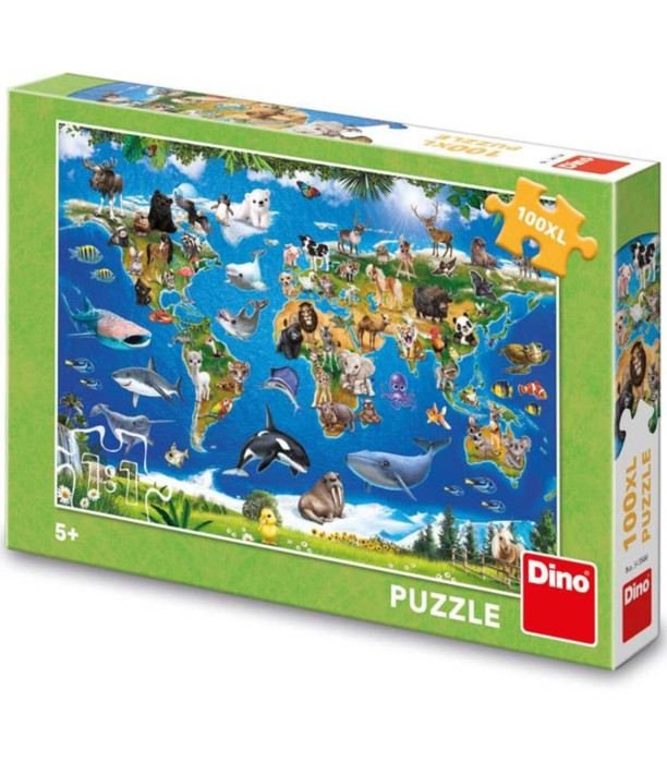 CHILDREN'S PUZZLE WORLD MAP WITH ANIMALS 100 XL PIECES - PUZZLES AND CUBES