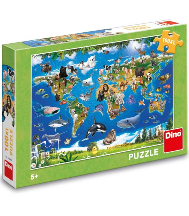 CHILDREN'S PUZZLE WORLD MAP WITH ANIMALS 100 XL PIECES - PUZZLES AND CUBES