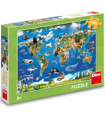 CHILDREN'S PUZZLE WORLD MAP WITH ANIMALS 100 XL PIECES - PUZZLES AND CUBES