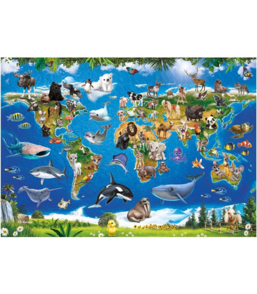 CHILDREN'S PUZZLE WORLD MAP WITH ANIMALS 100 XL PIECES - PUZZLES AND CUBES