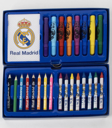THREE-TIERED CASE WITH PENCILS, MARKERS, AND PAINTS REAL MADRID Cerda