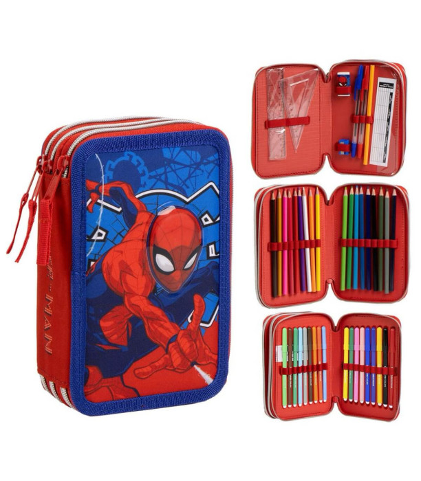 SPIDERMAN PENCIL CASE WITH 3 ZIPPERS AND STUDENT SUPPLIES Cerda