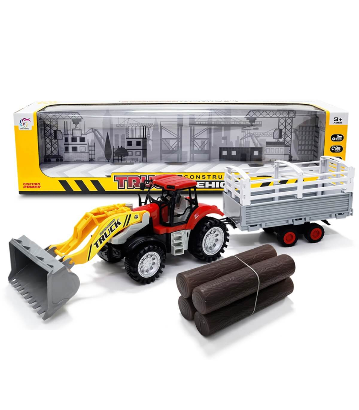 CHILDREN'S TRACTOR WITH A PLOW, TRAILER, AND WOOD IN A BOX Armtoys