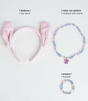 TIARA WITH EARS, BRACELET AND STITCH NECKLACE PINK Cerda
