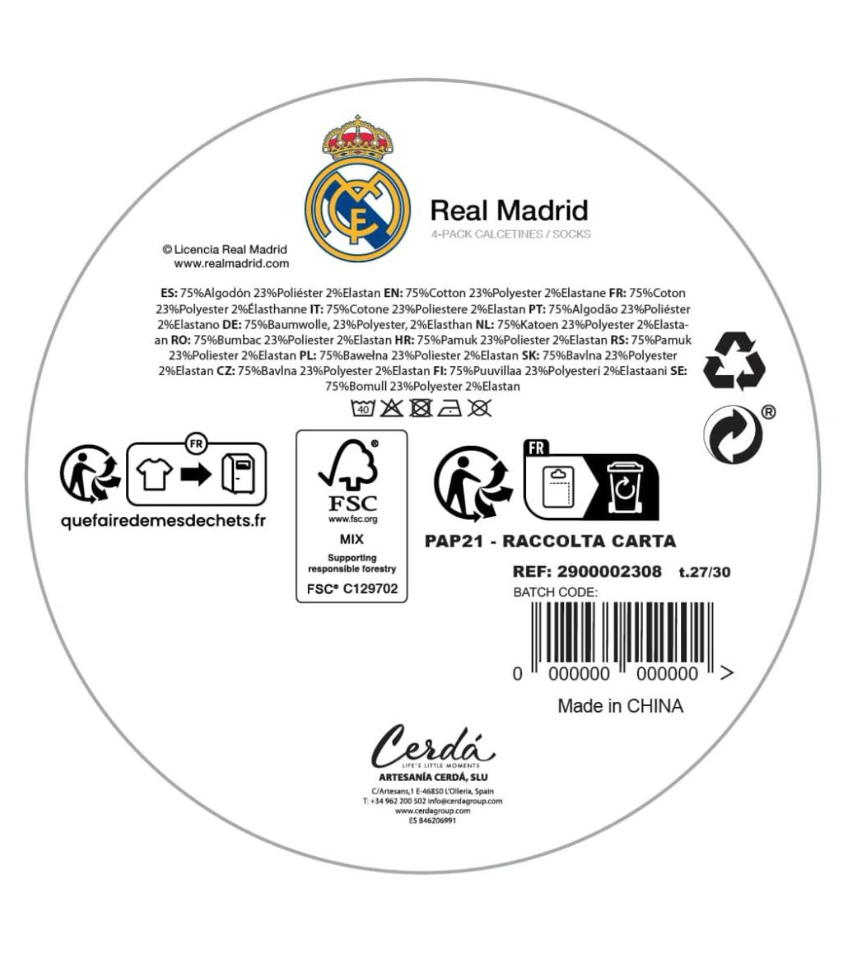 ΠΑΙΔΙΚΕΣ ΚΑΛΤΣΕΣ 4 ΖΕΥΓΑΡΙΑ ΣΕ ΒΑΖΟ 27-38 REAL MADRID Cerda